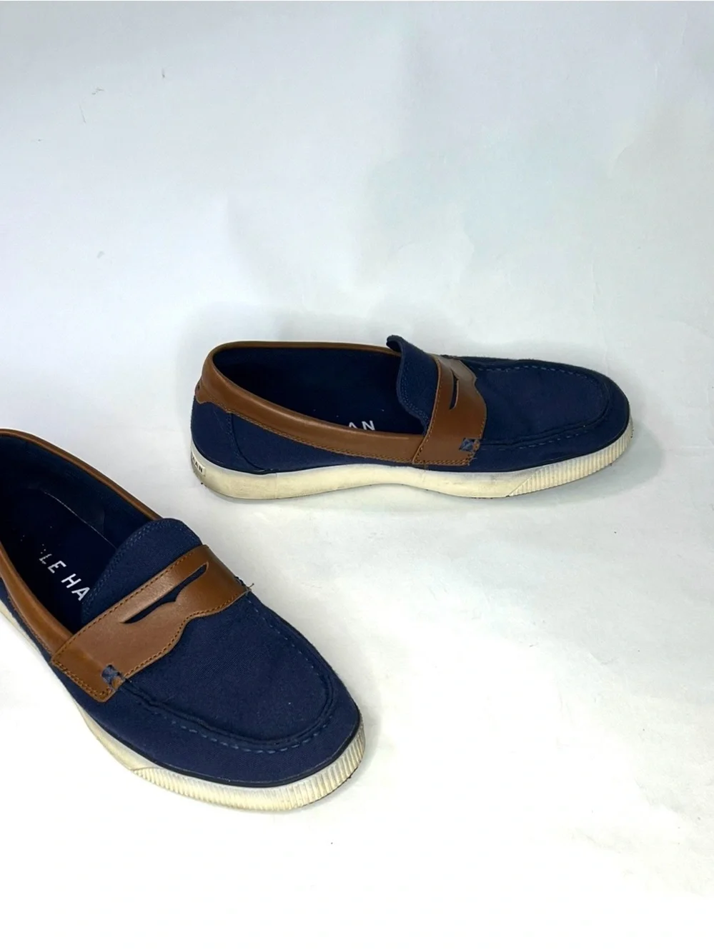 Cole Haan Navy and Brown Canvas Penny Loafers for Men